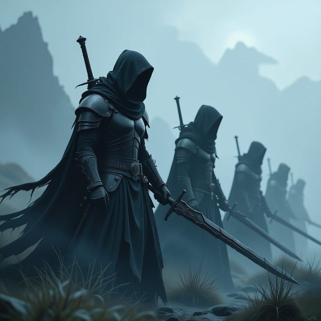 Ominous Dark Armored Figures in Shadow