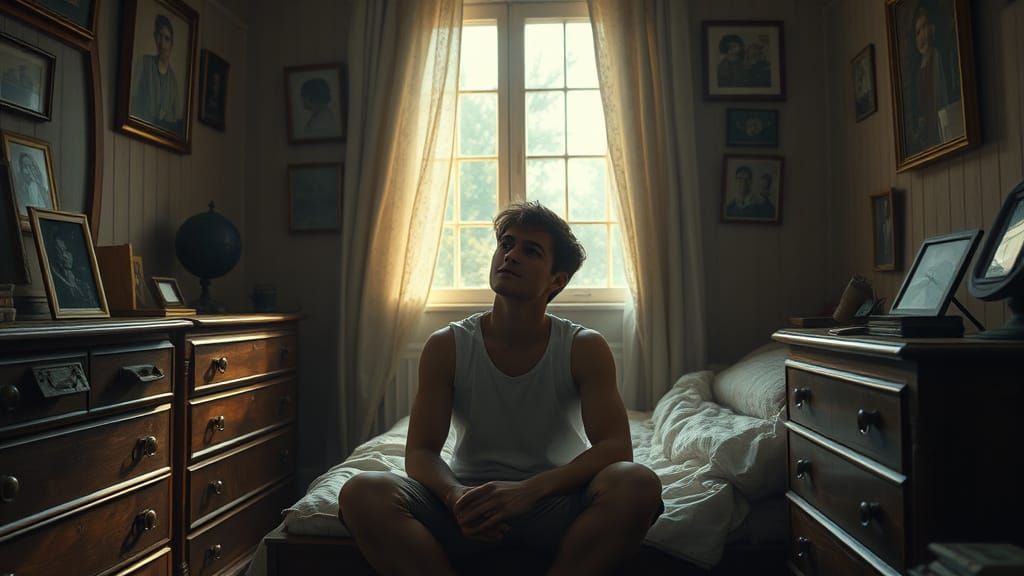 Young Man in Vintage Room with Time Machine