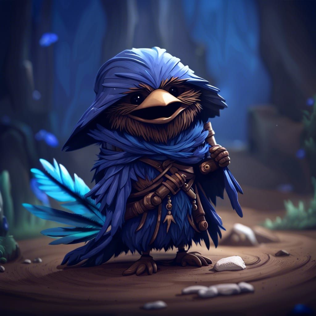 Laughing Blue Kenku: Chibi Fantasy Art
