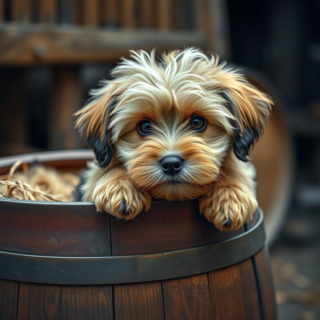 Whimsical Long-Haired Puppy Peeks from Barrel