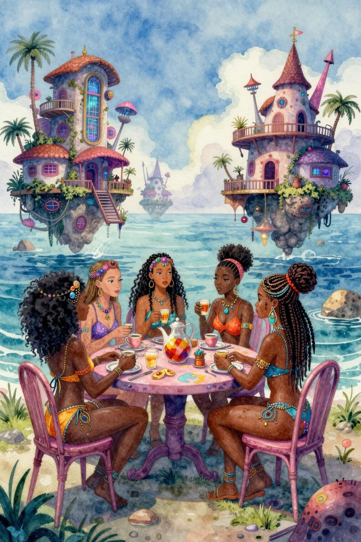 Afro Brazilian Fairies Enjoying Ocean Tea on Solarpunk Table