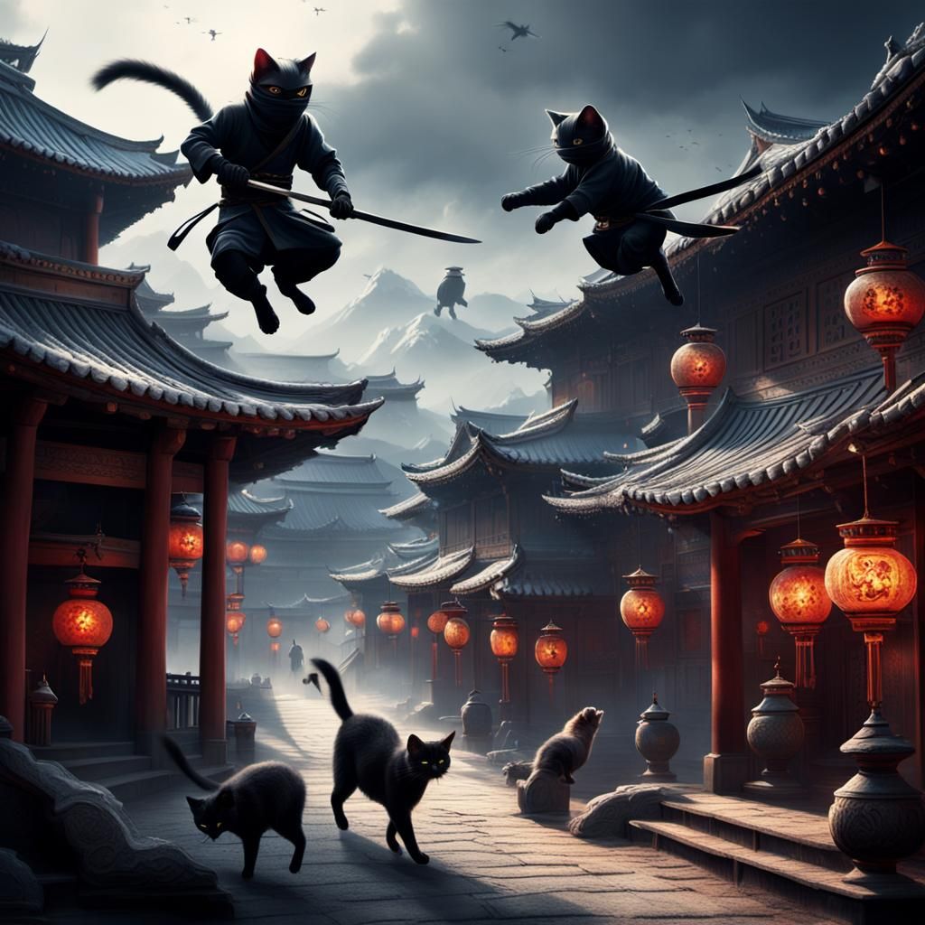 Ninja Cats in Action: Digital Matte Painting
