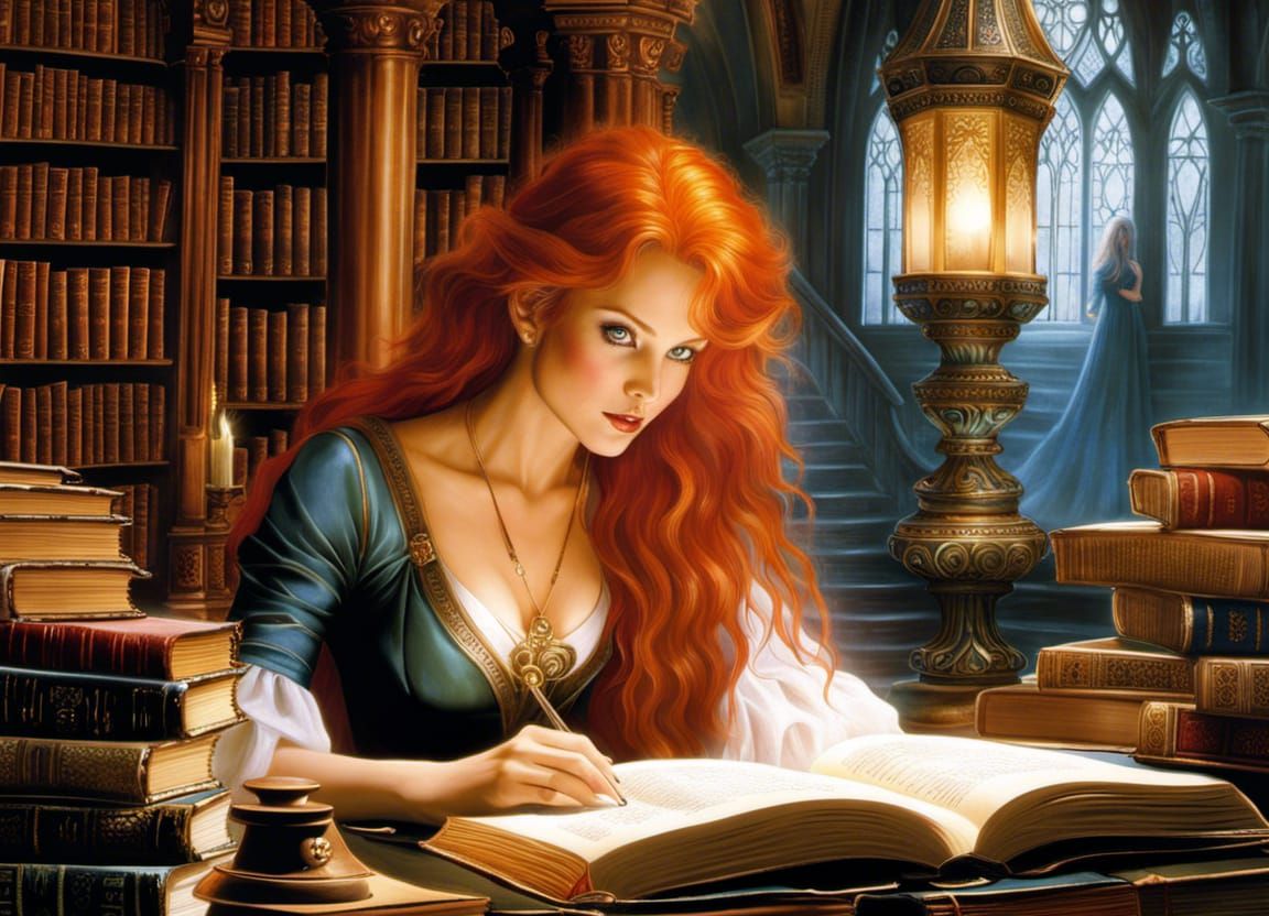 Redhead Witch Studying Magic Library, Detailed Art