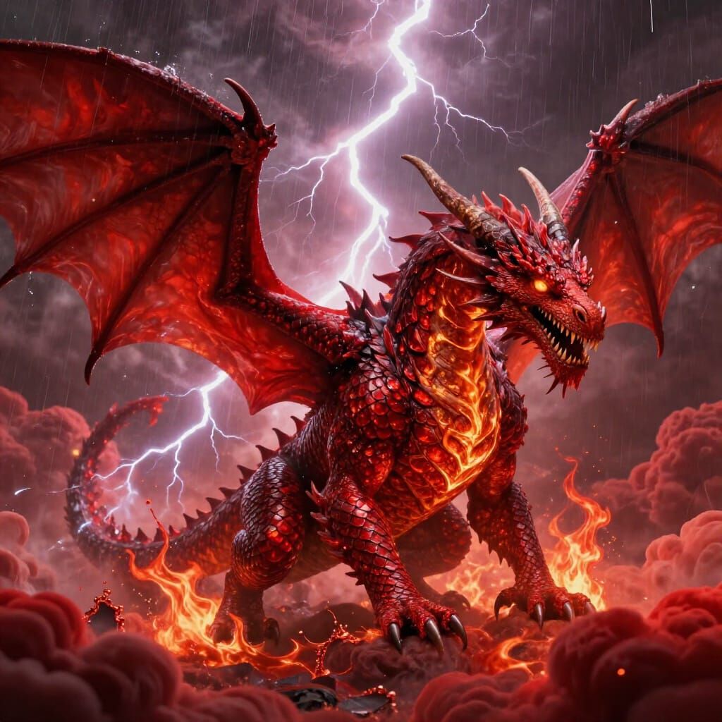 Red Dragon in Crimson Tempest, Hyperrealistic Splash Art