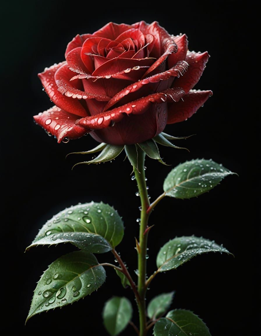 Vivid Red Rose with Water Droplets in Digital Art