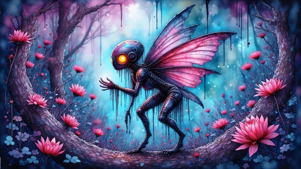 Cyborg Fairy in Bioluminescent Forest