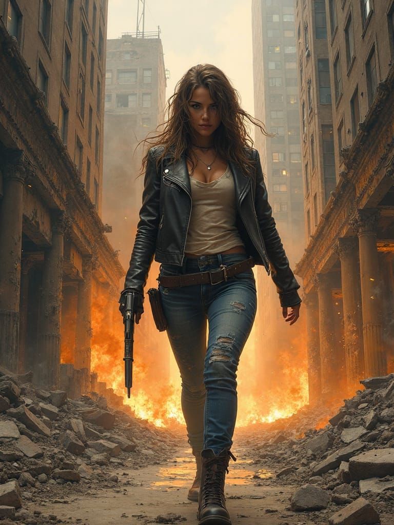Post-Apocalyptic Vigilante in Burning Cityscape