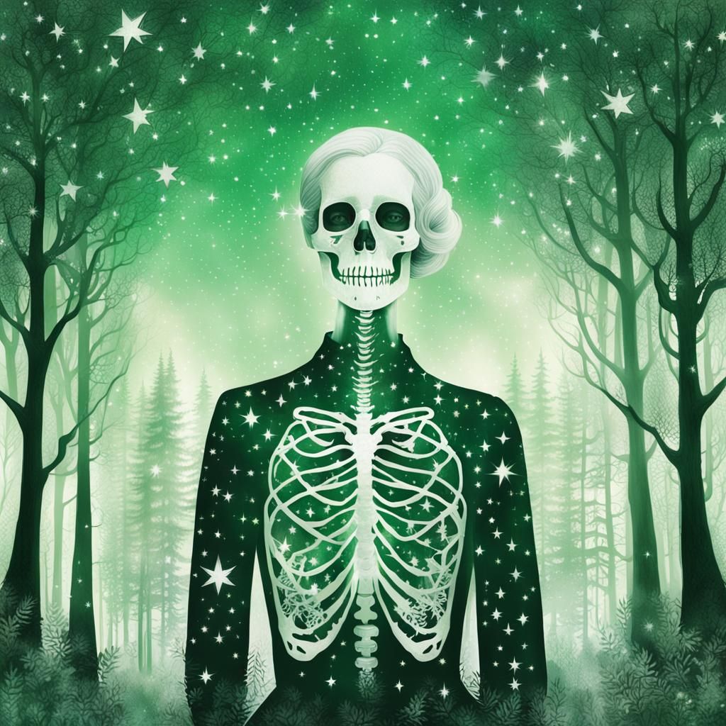 Ethereal Skeleton Portrait with Double Exposure Effect