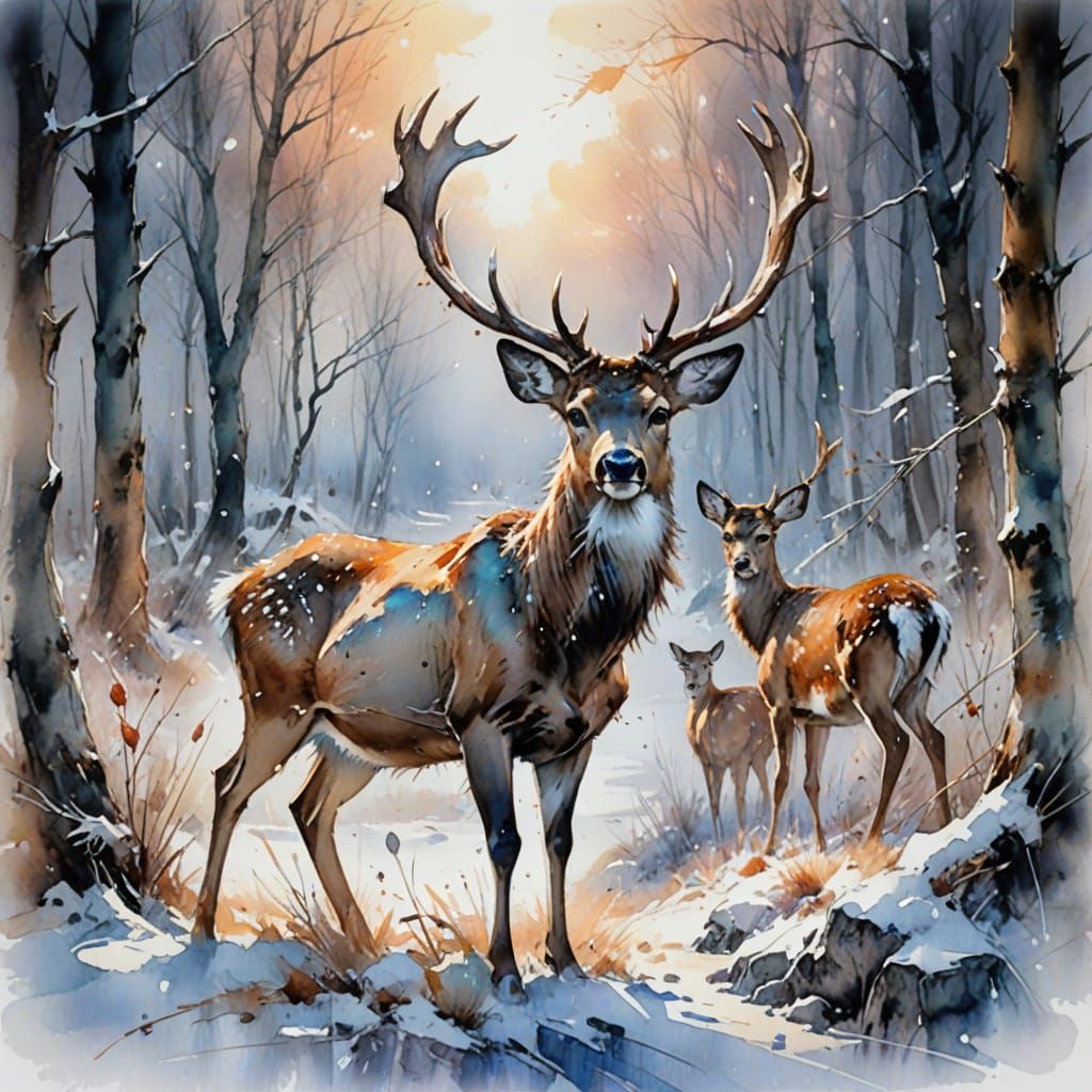 Whimsical Deer in Snowy Woods Watercolor Painting