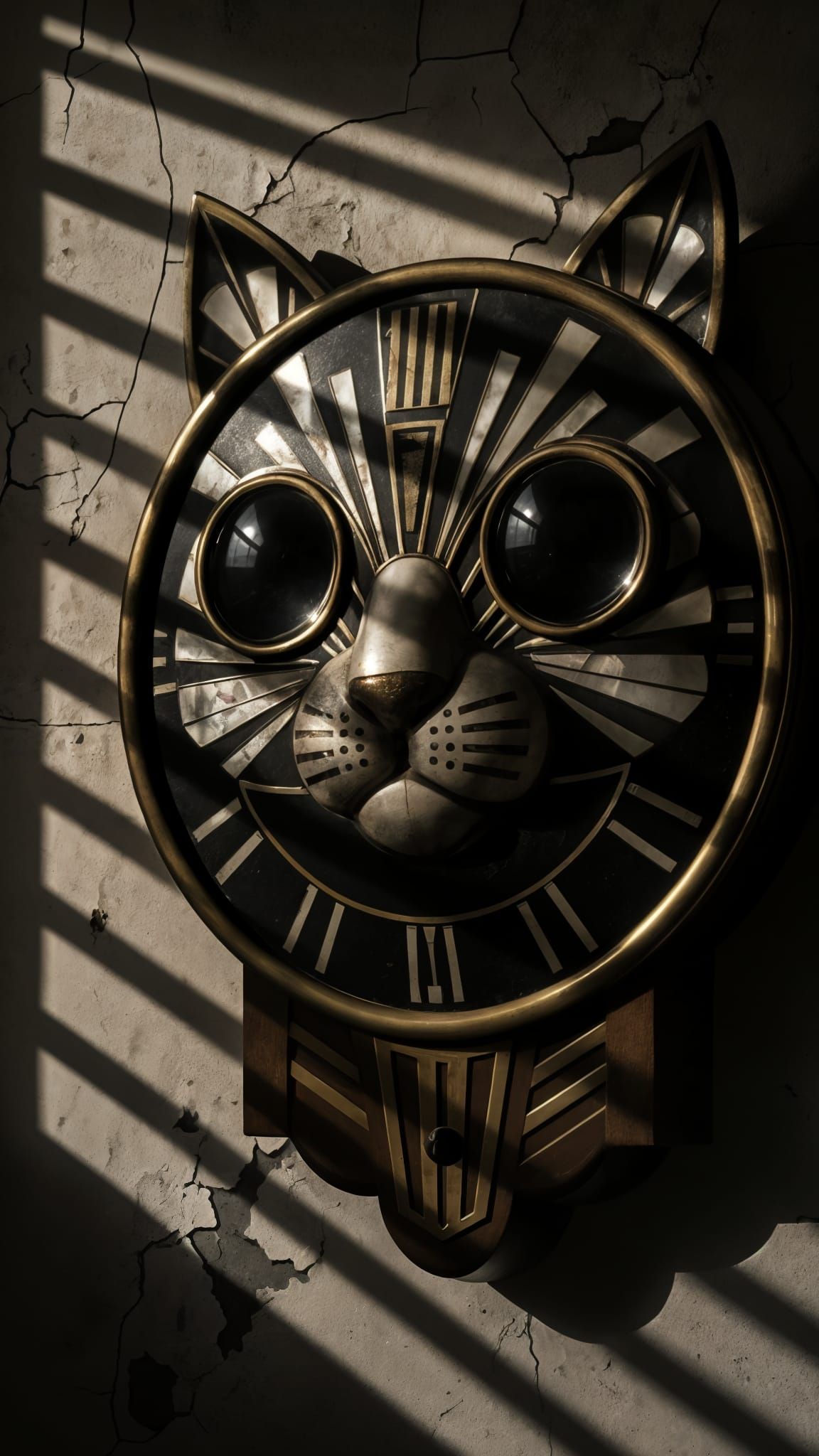 1920s Art Deco Cat Clock on Cracked Plaster