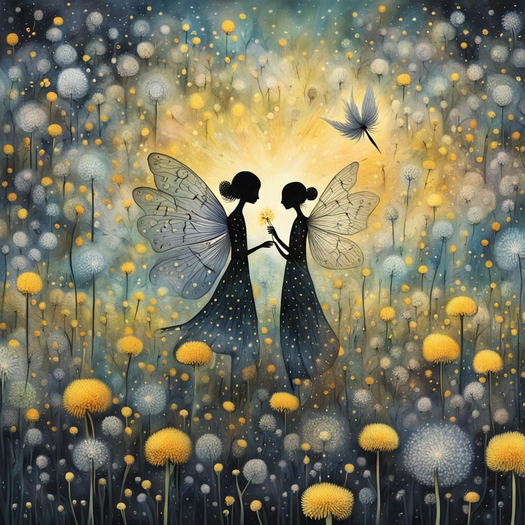Fairies Making Wishes in Surreal Dandelion Dreamscape