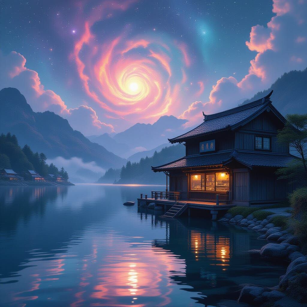 Ancient Ramen Shop by Alien Lake Under Nebula Sky