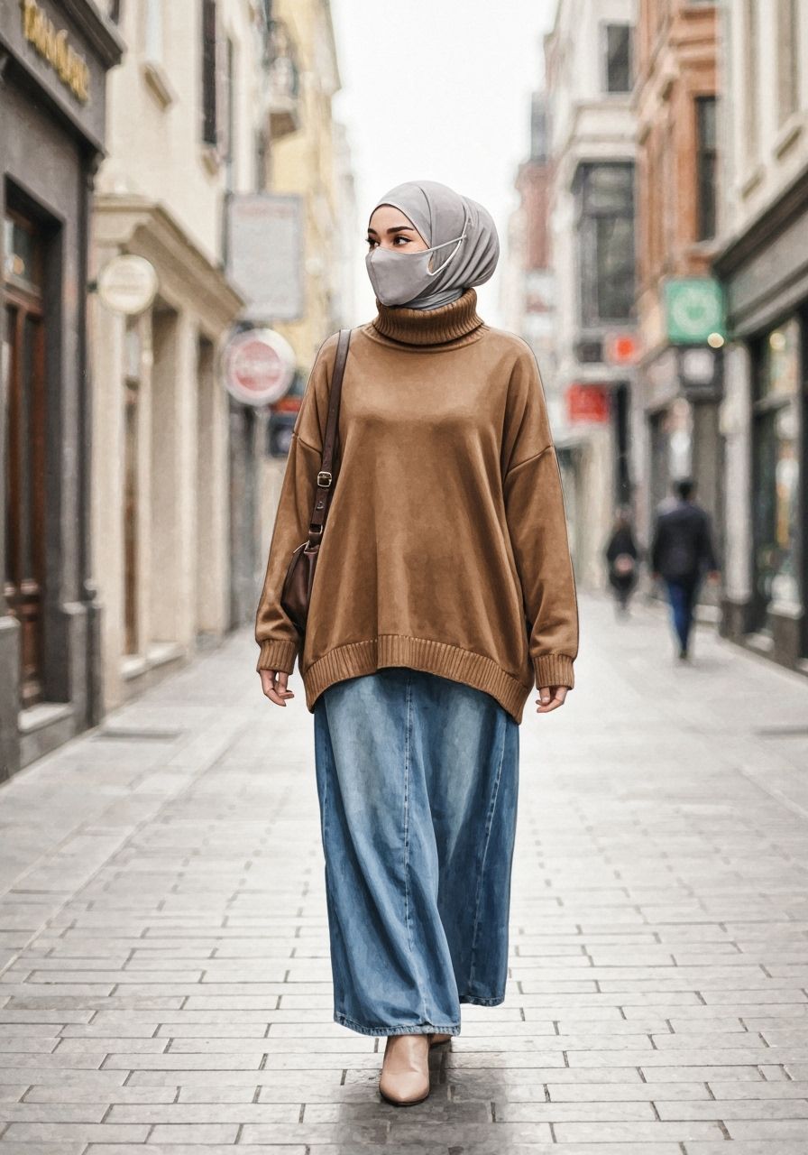 Hijabi Woman in City Walking Minimalist Watercolor Style