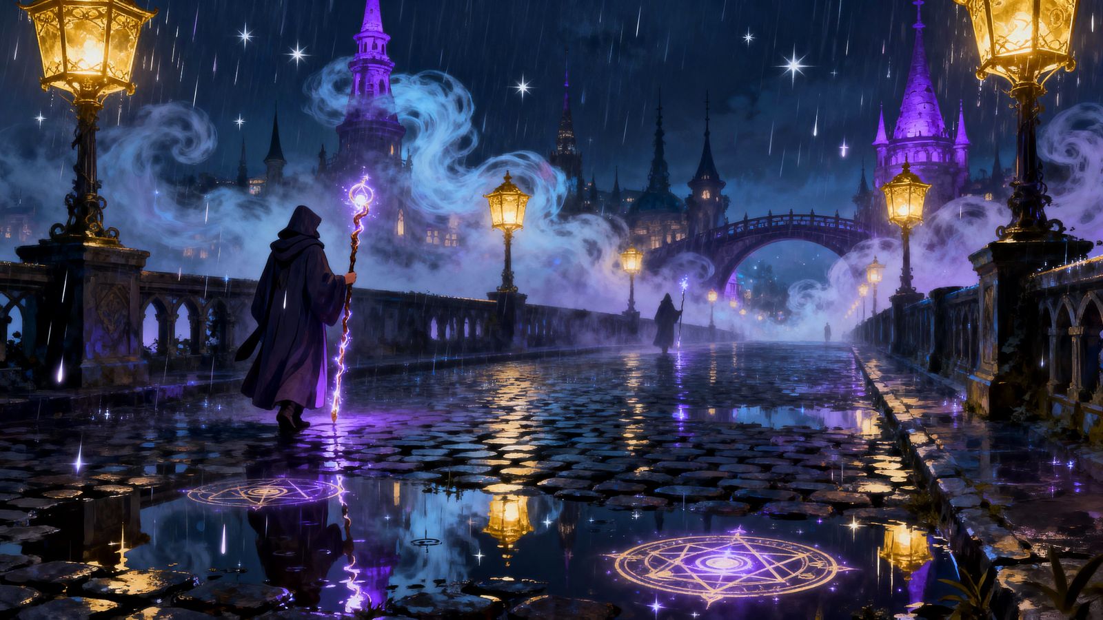 Rainy Night in a Magical City with Glowing Lanterns