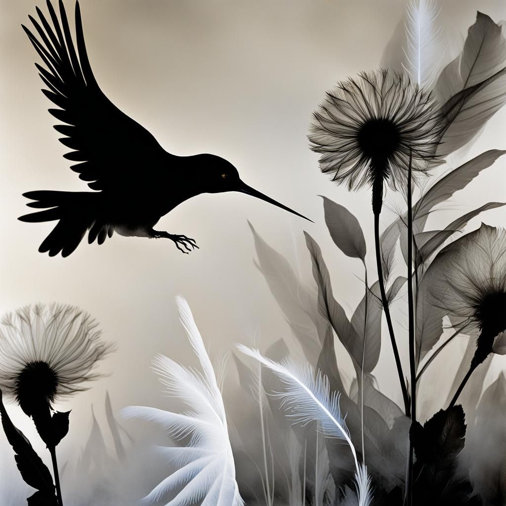 Surreal Photogram of Flowers, Bird and Hand