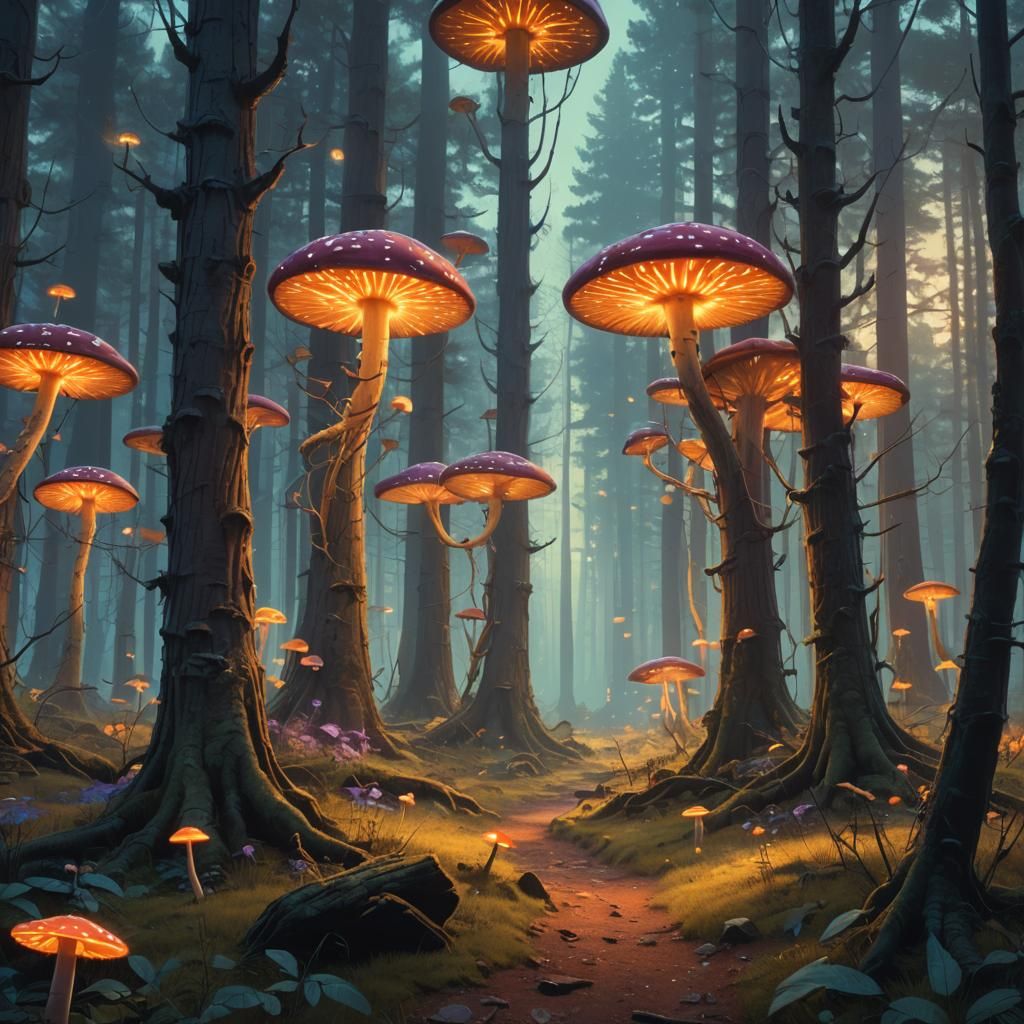 Mystical Forest Landscape with Glowing Mushrooms
