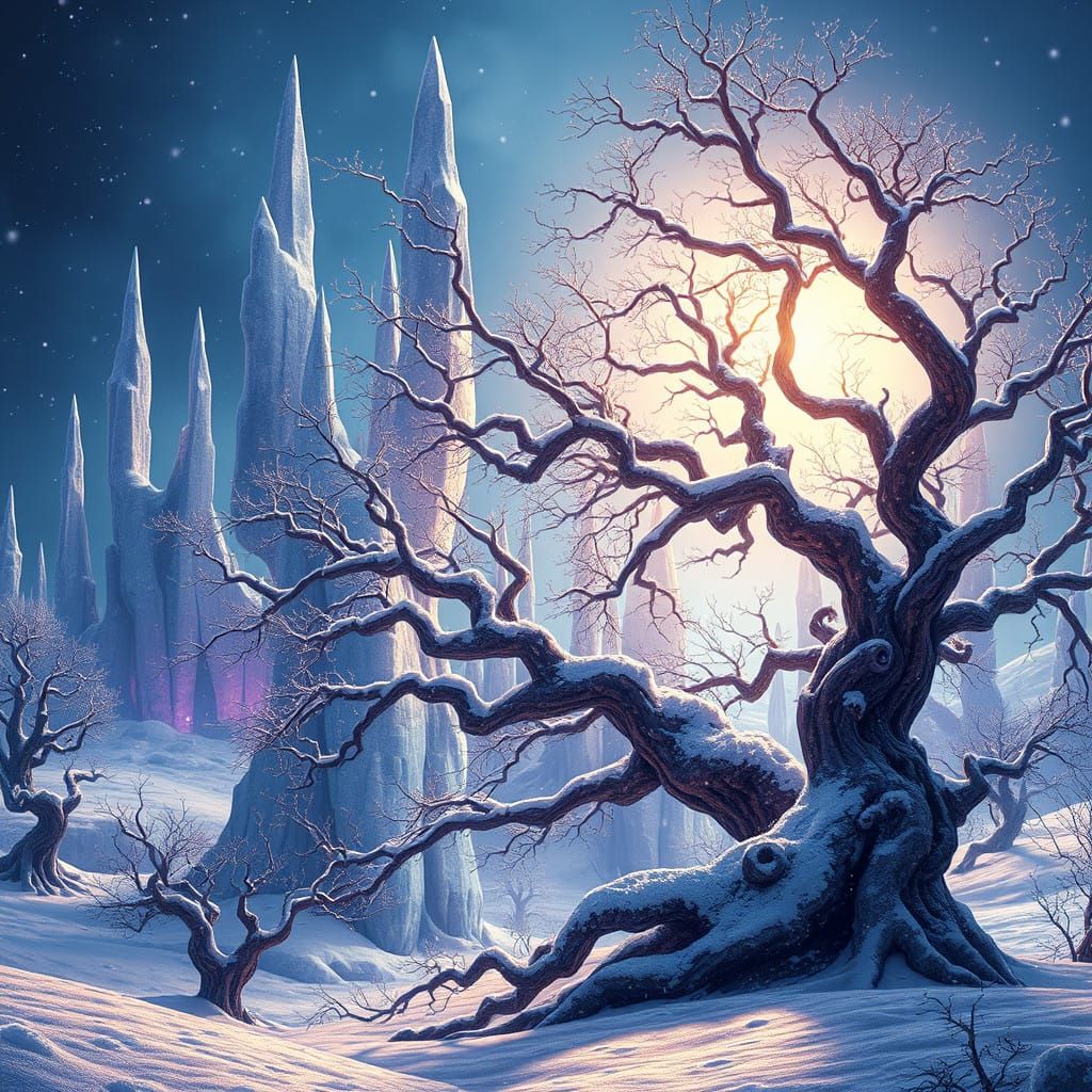 Ethereal Winter Solstice Scene in Dreamlike, Crystal-Shroude...