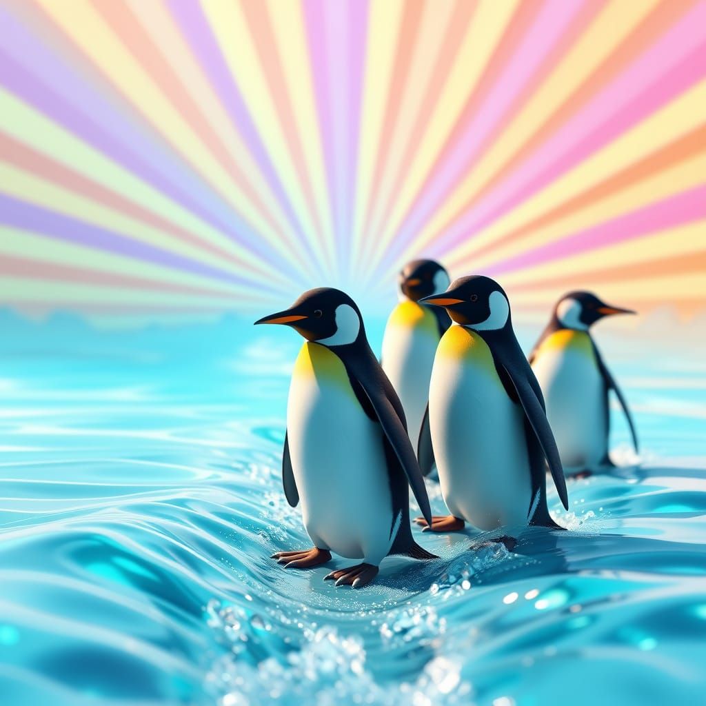Penguins in Vibrant Radial Gradient Background