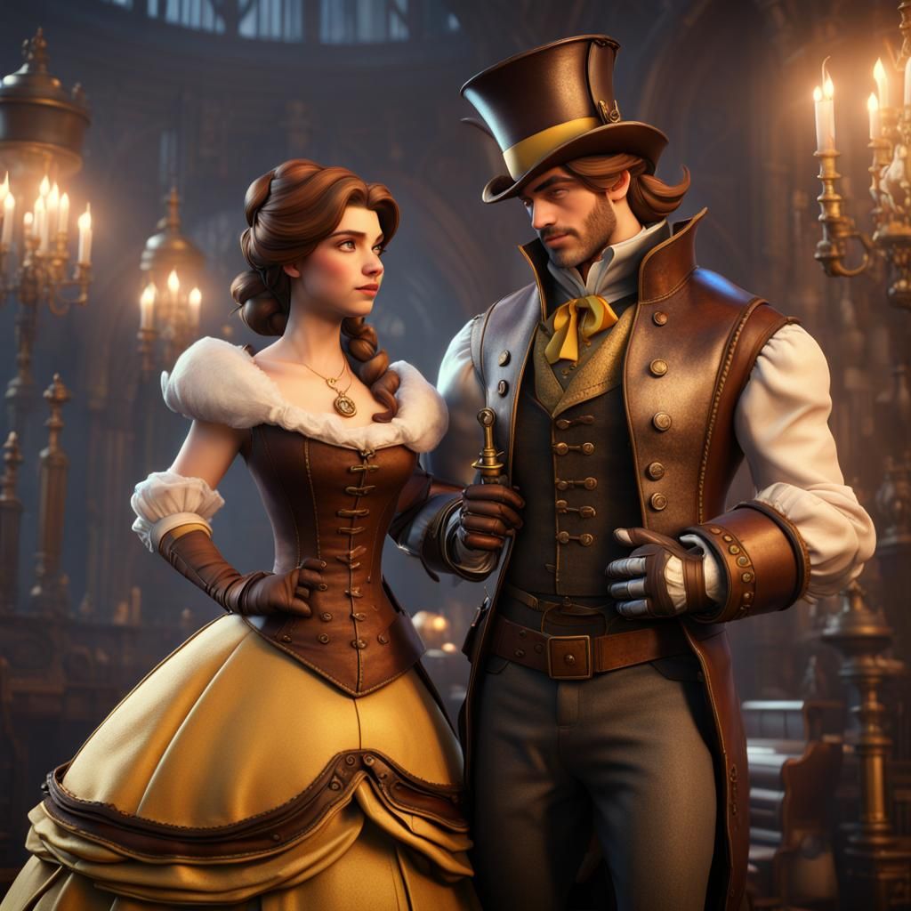 Disney's Belle and Prince Adam dressed in Steampunk syle. 8K resolution Unreal Engine 5
