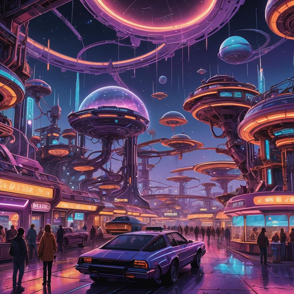Neon Space Amusement Park in Cyberpunk Style