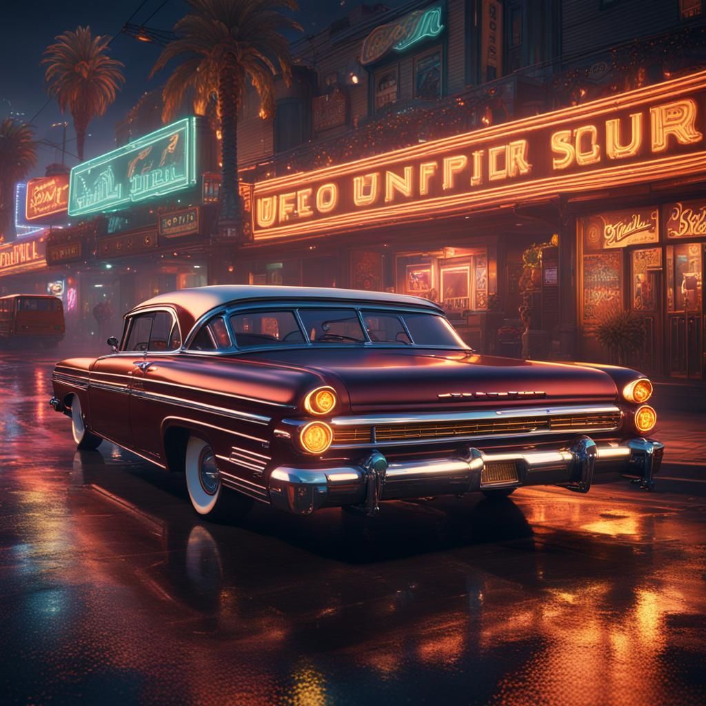 Lowrider Car in City Lights: Detailed Matte Painting