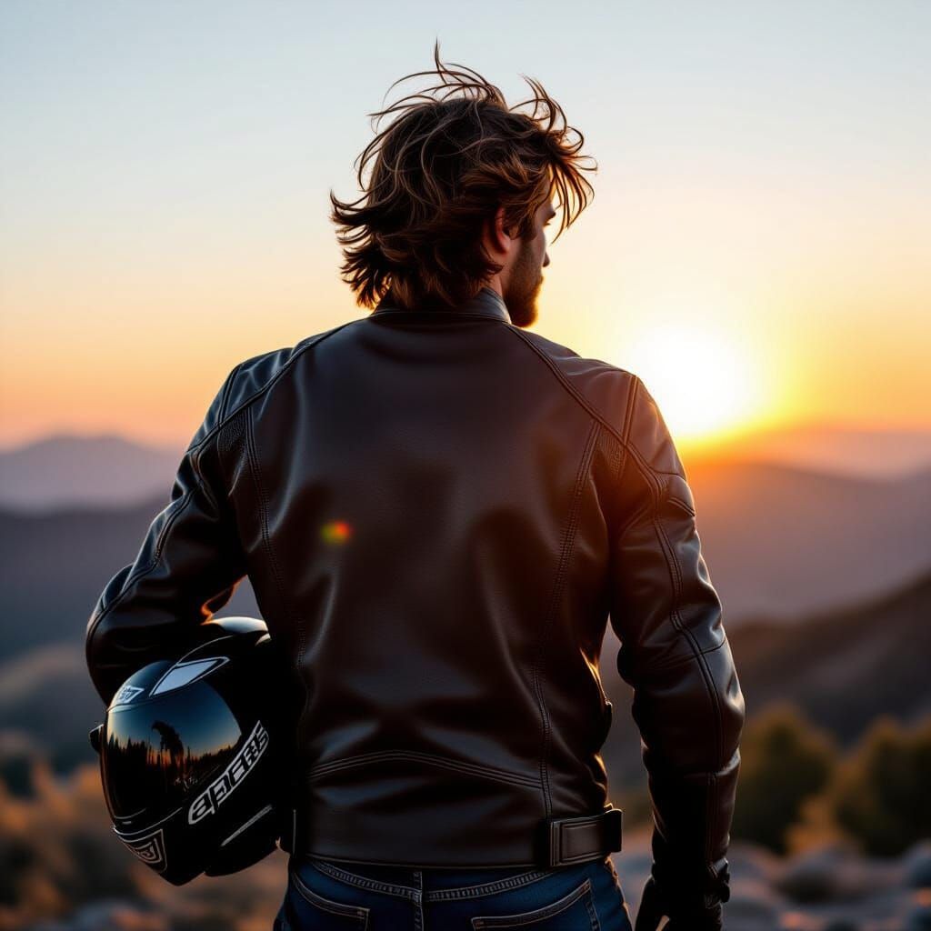 Motorcycle Rider at Sunset with Leather Jacket