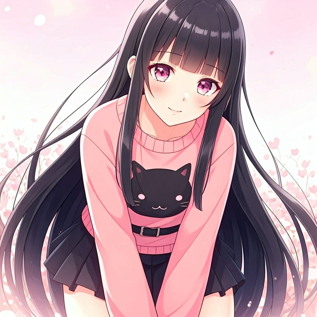 Anime Girl with Pink Eyes and Black Hair