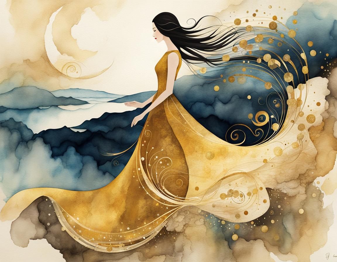 Magical Golden Dress Illustration in Abstract Style