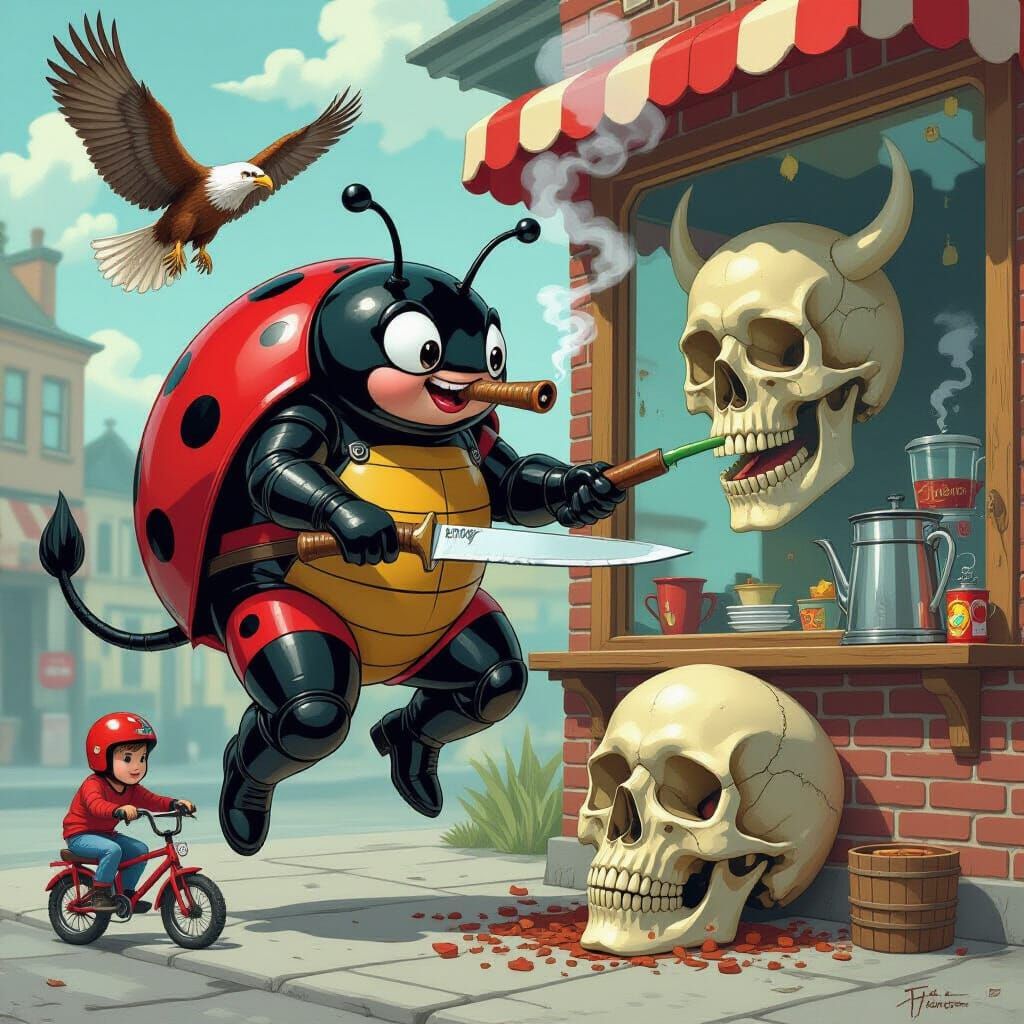 Superfat Ladybird Butcher Fights Shark Skull in Coffeepot