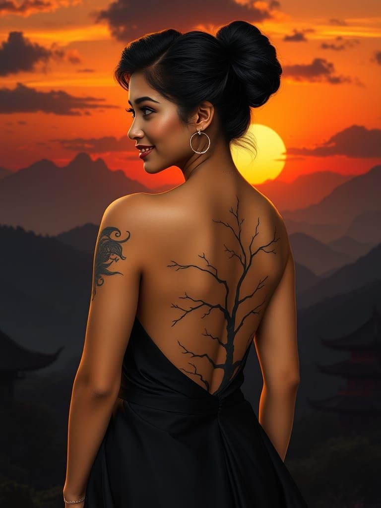 Golden Hour Gaze: Woman in Backless Dress at Sunset