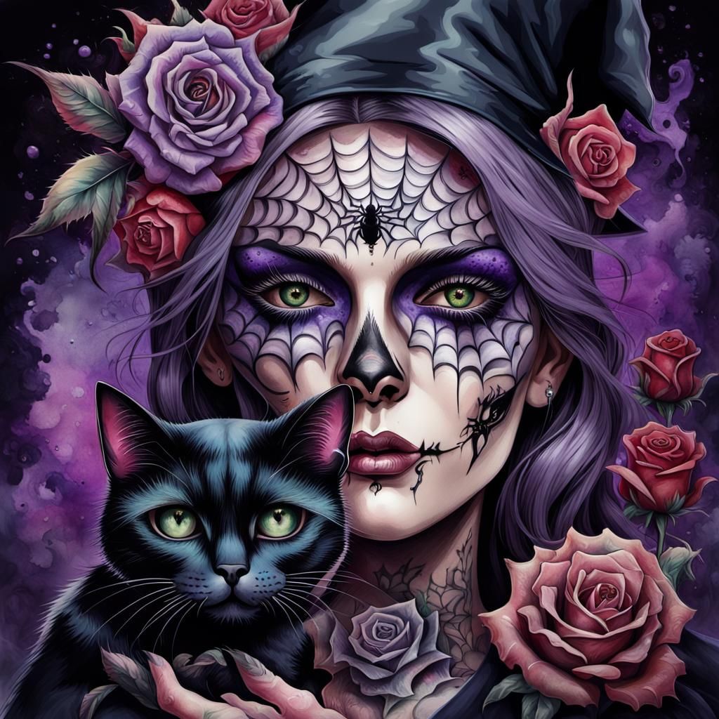 Surreal Witch Portrait with Roses and Skull