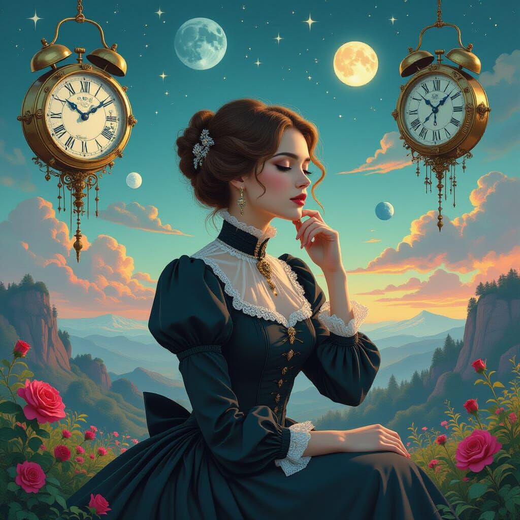 Contemplative Woman Surrounded by Surreal Clocks