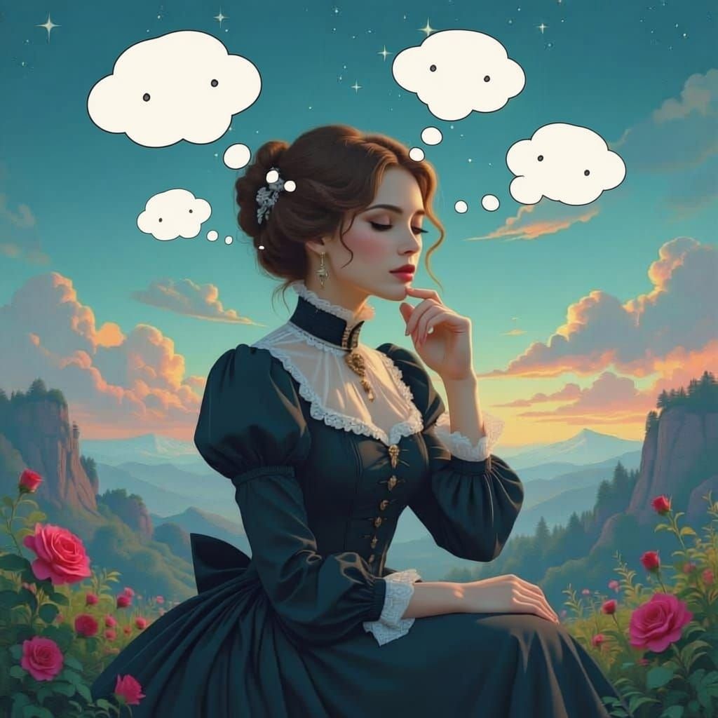 Contemplative Woman Surrounded by Surreal Clocks