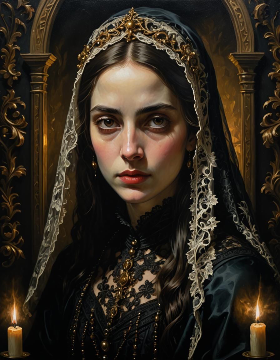 Mysterious Woman in Dark Attire: Gothic Oil Painting