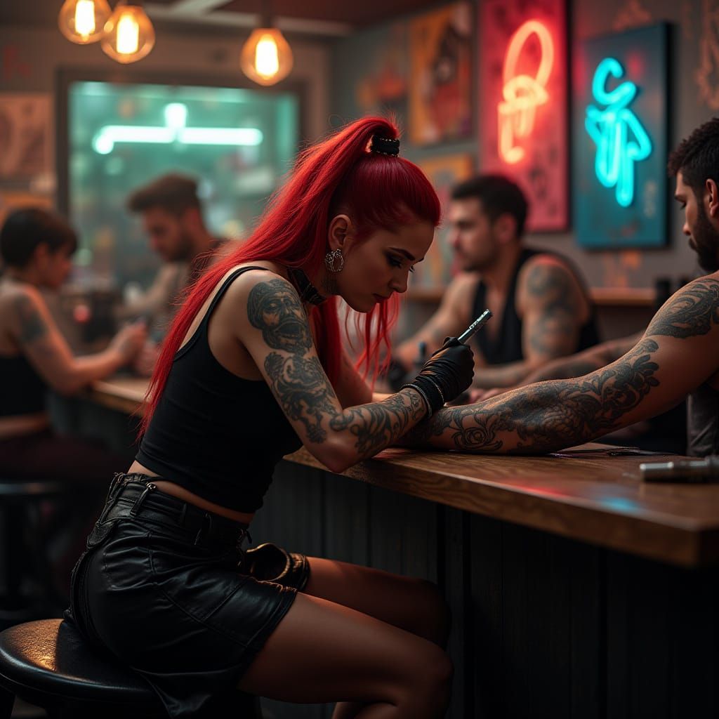 Red-Haired Tattoo Artist at Work in Neon Shop