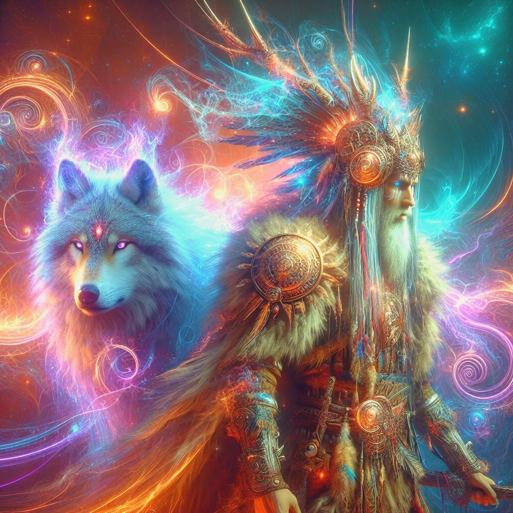 Spiritual Warrior with Wolf in Holographic 3D