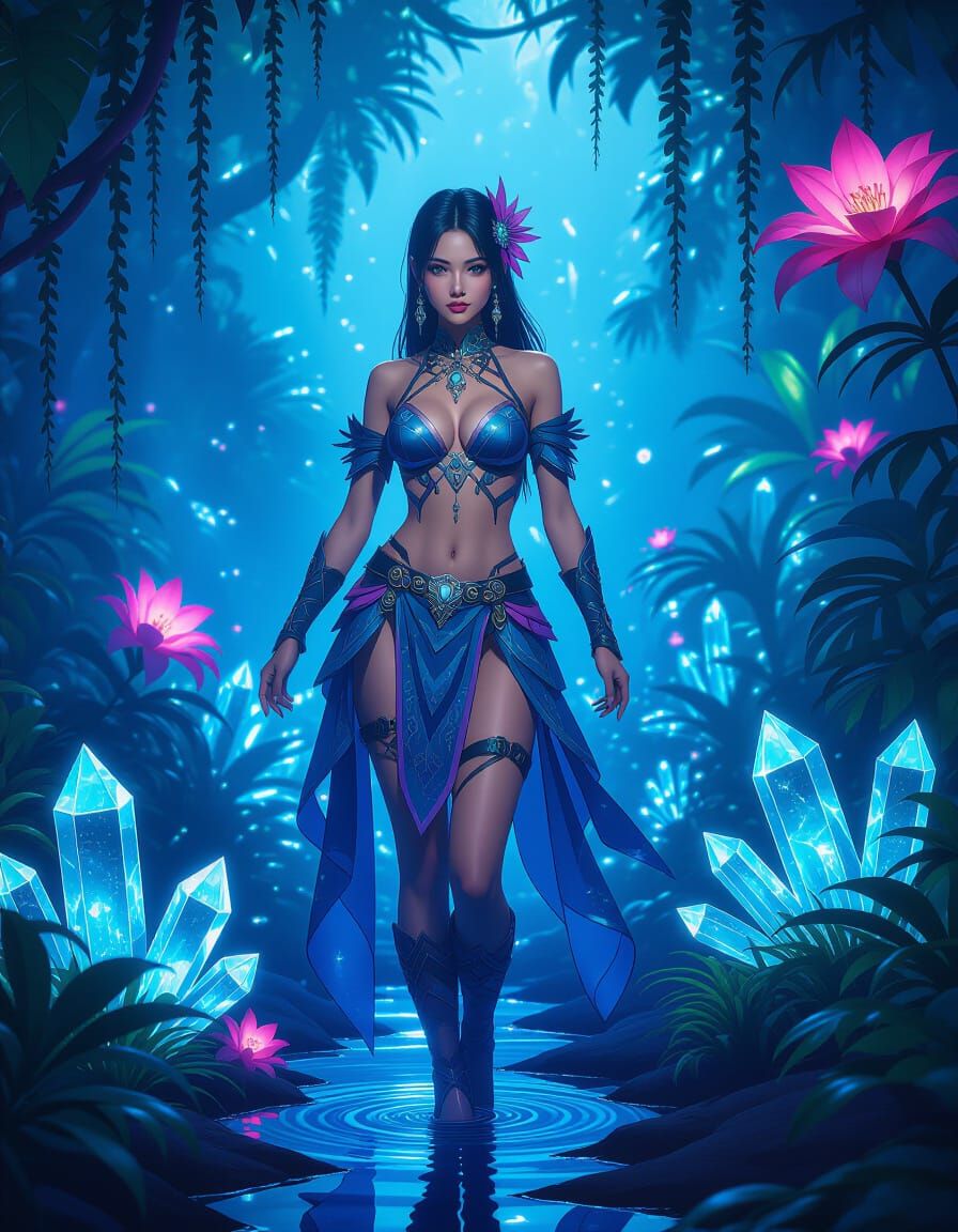 Sensual Game Character Glitch in Bioluminescent Jungle