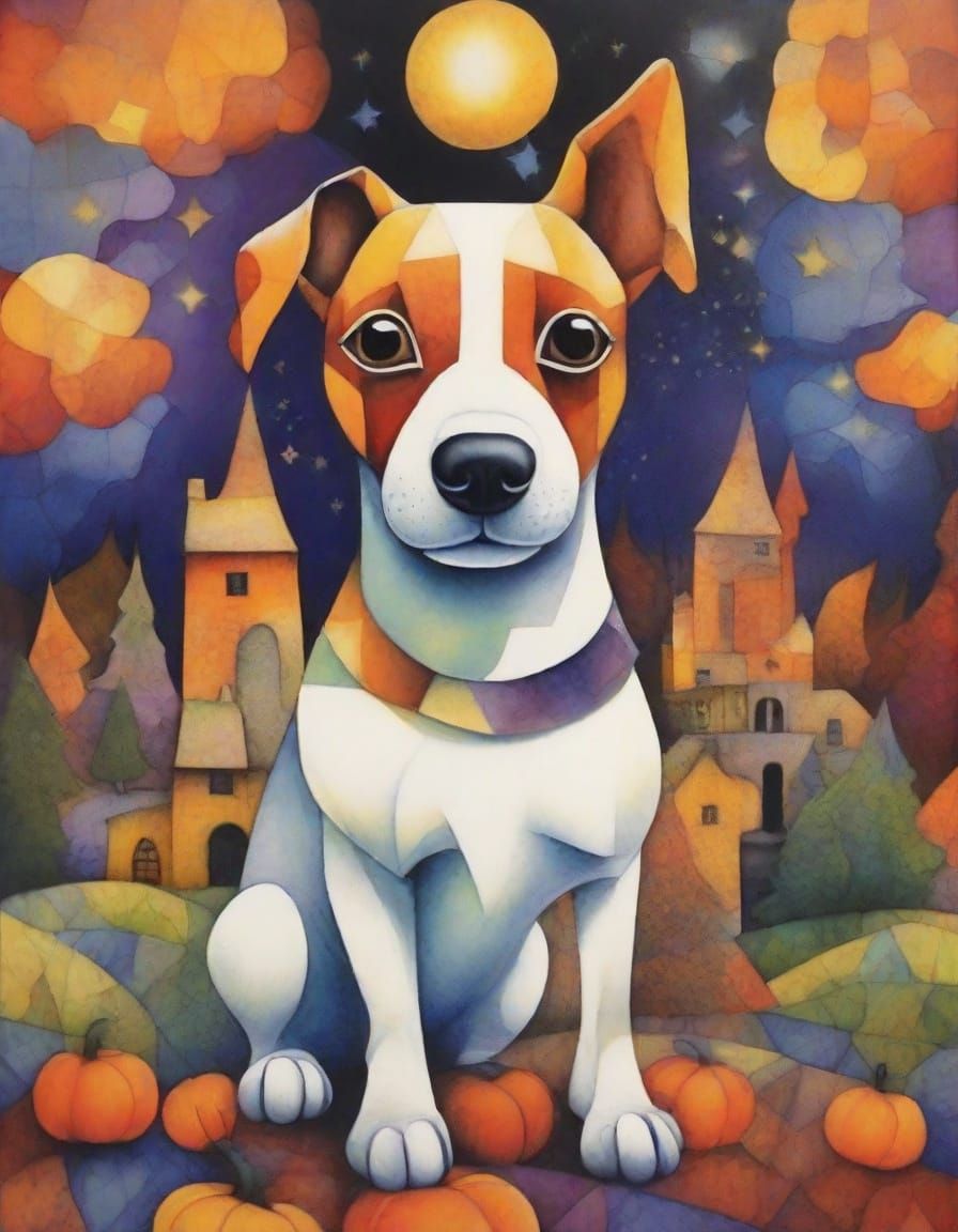 Dog in Halloween Costume: Cubist Aquarelle Portrait