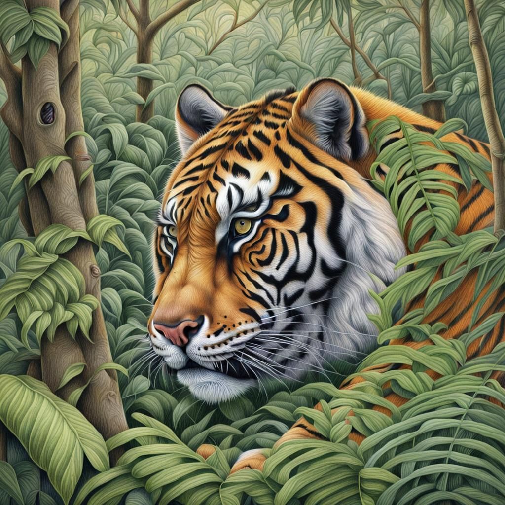 Tiger in Rainforest: Coloured Pencil Drawing