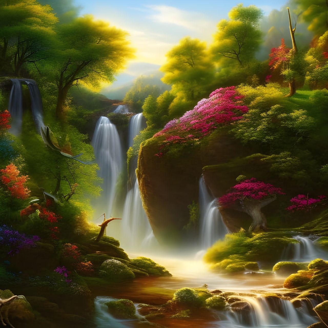 River, waterfall, flowers, deep woods