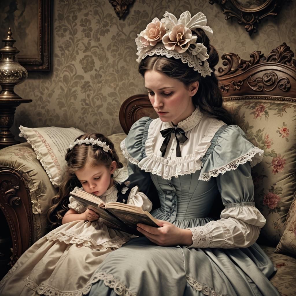 Victorian Maid Reads to Sleeping Girl: Hyperrealistic Image