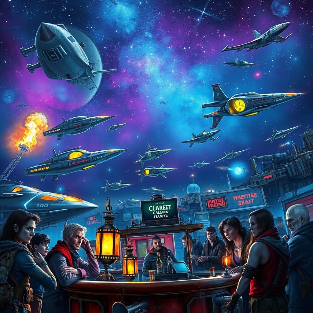 Cosmic Spaceport at the Galactic Fringe in a Vibrant, Starry...