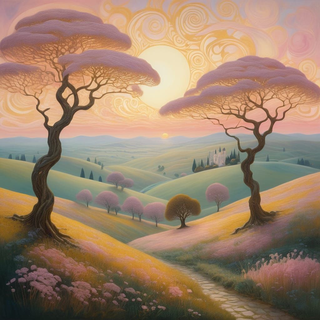 Dreamlike Art Nouveau Fantasy Landscape in Warm Sunrise Ligh...