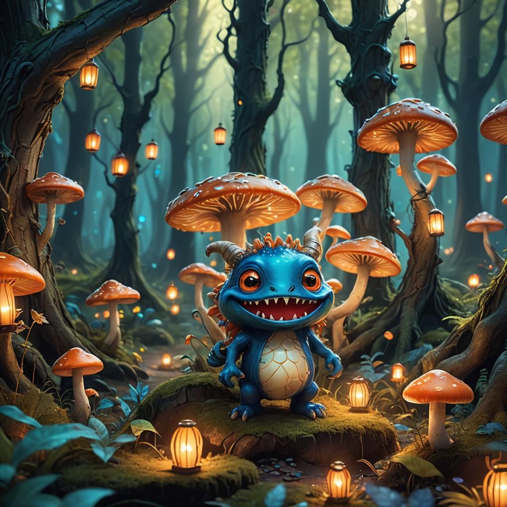 Cute Monster in Enchanted Glowing Mushroom Forest