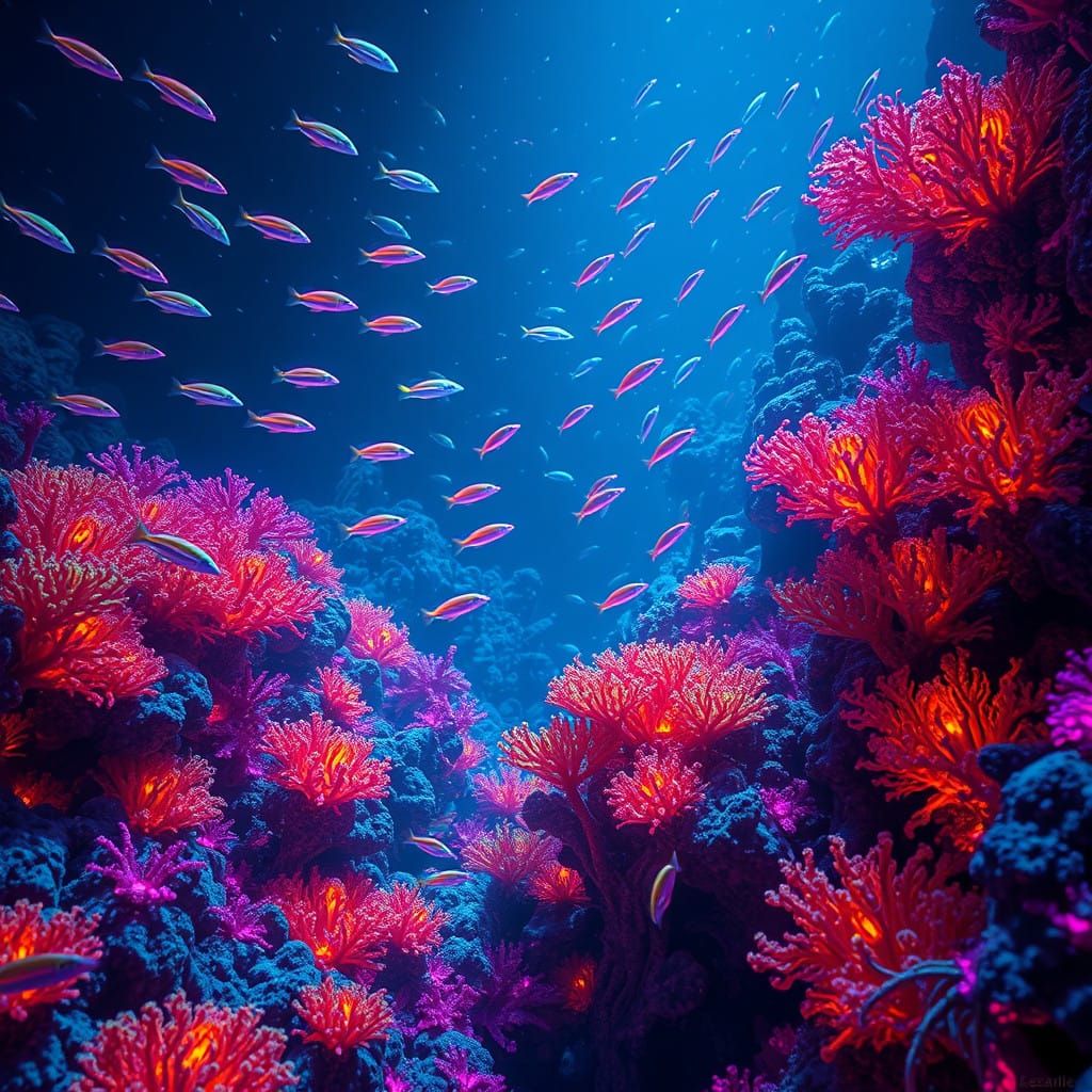 Electric Dreamscape: Neon Coral Reef and Bioluminescent Fish