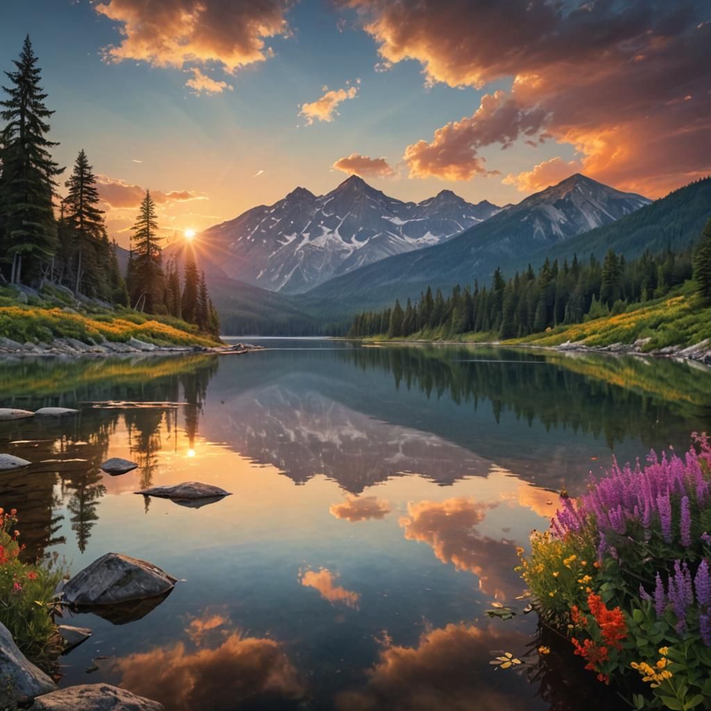 Mountain Lake Sunset with Wildflower Shoreline