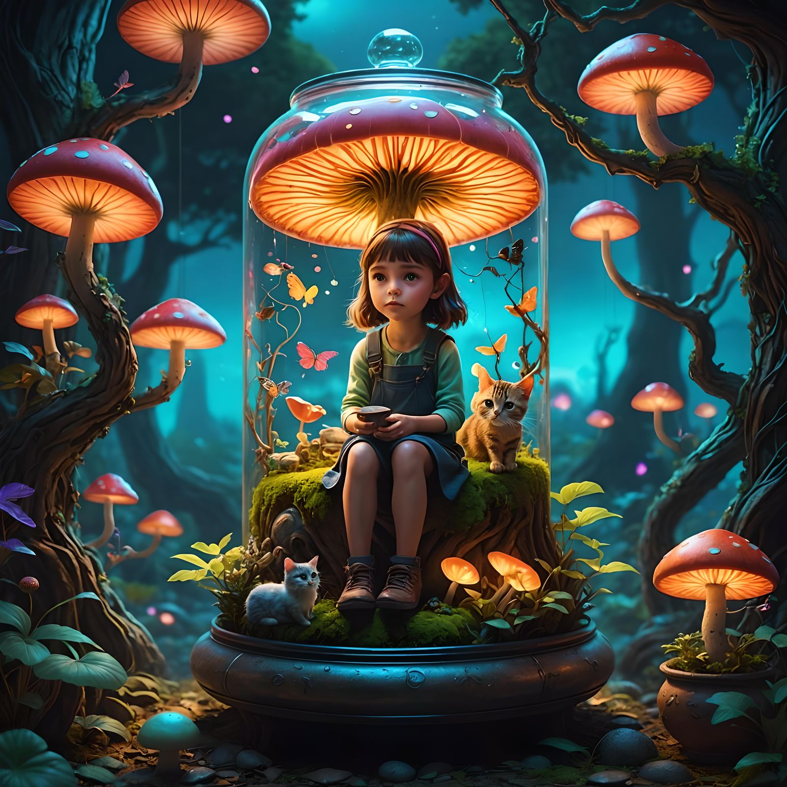 Magical Jar World with Girl, Cat and Fairies