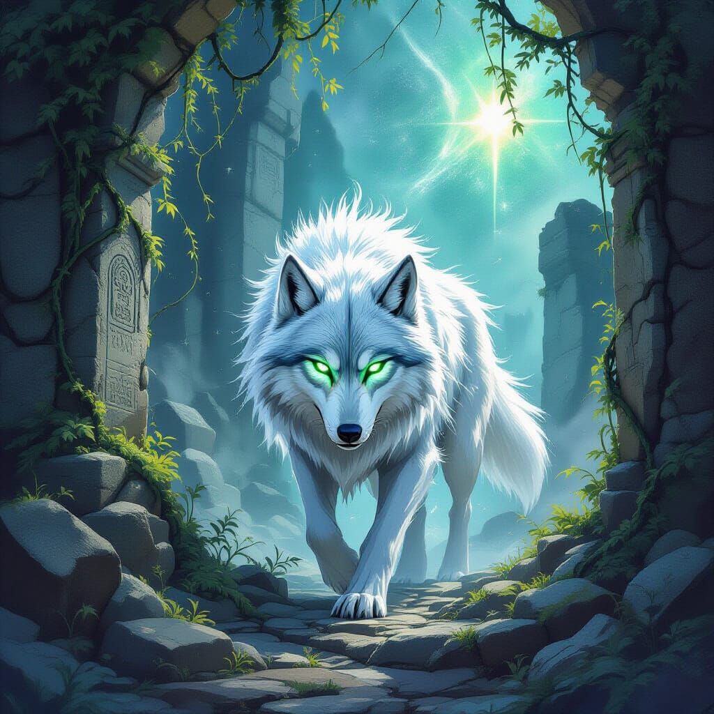 Spectral Stardust Wolf in Floating Cosmic Ruins