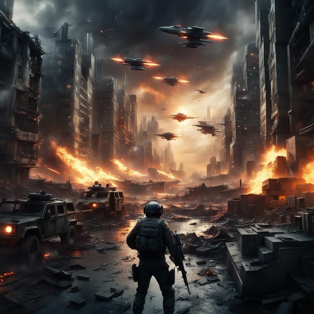 Futuristic City Under Siege: Urban Warfare at Night