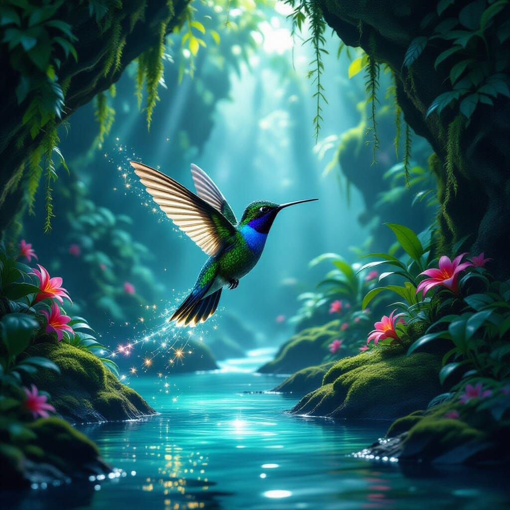 Bioluminescent Hummingbird in Misty Jungle Grotto